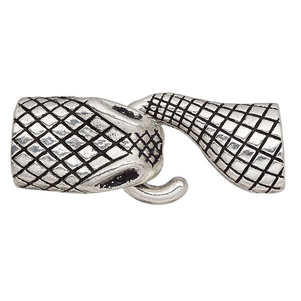 Clasp, hook, antique silver-plated "pewter" (zinc-based alloy), 46x18mm snake with glue-in ends, 11.5x5mm hole. Sold individually. image number 0