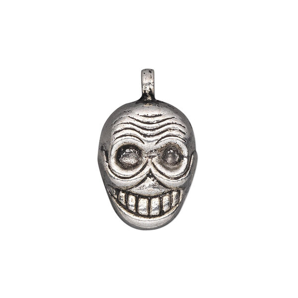 Charm, antiqued silver-finished "pewter" (zinc-based alloy), 19x15mm double-sided skull. Sold per pkg of 4. image number 0