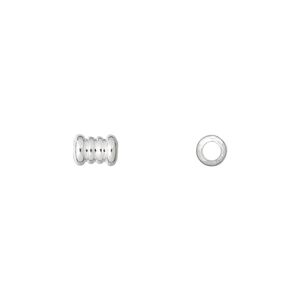 Bead, silver-plated brass, 6.5x4.5mm ribbed tube. Sold per pkg of 100.