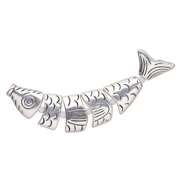 Bead, antique silver-plated "pewter" (zinc-based alloy), 76x19mm double-sided fish. Sold per 6-piece set. image number 0