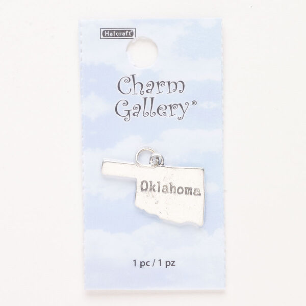 Charm, steel and enamel, pkg/1, silver finish and black, 26x15mm with "Oklahoma." image number 0