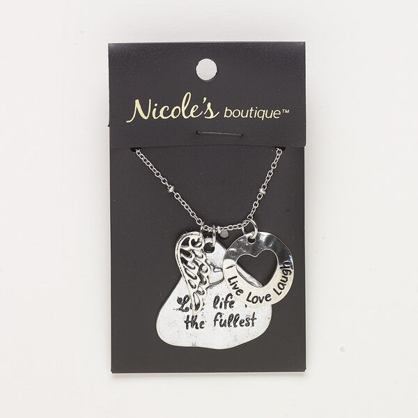 Necklace, antique silver-finished "pewter" (zinc-based alloy) and steel, 33x32mm with wing / hammered oval with cutout heart and "live love laugh" / freeform teardrop with "live life to the fullest," 24 inches with 2-inch extender chain and lobster claw clasp. Sold individually. image number 0