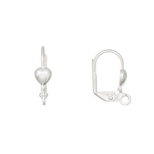 Ear wire leverback 1pkg10 silver-plated, 16mm / 5mm heart / open loop, brass 5 pair