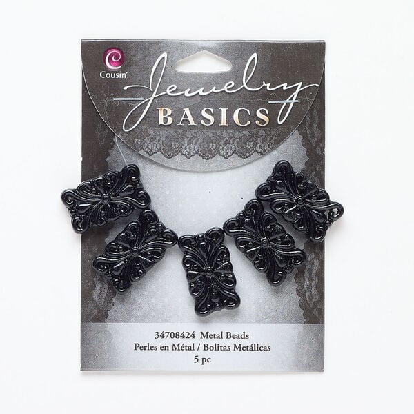 Bead, spacer 1pkg5, black-finished "pewter" (zinc-based alloy), 24x14mm 5-strand fancy rectangle, fits up to 5.5mm beads. image number 0