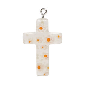 Focal, millefiori glass and silver-finished steel 1pkg1, transparent clear / translucent white / orange, 33x20mm-36x21mm cross.
