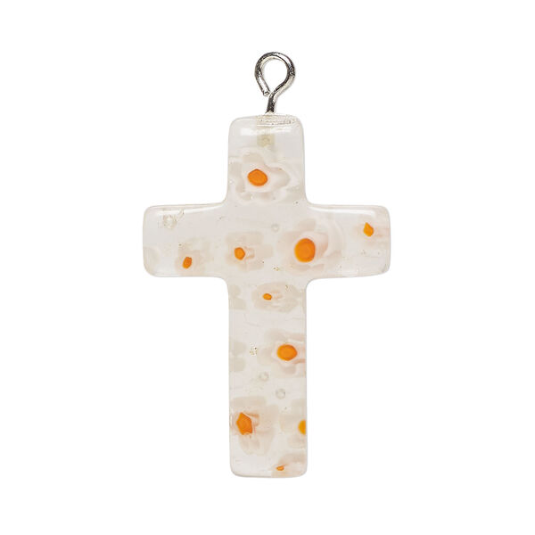 Focal, millefiori glass and silver-finished steel 1pkg1, transparent clear / translucent white / orange, 33x20mm-36x21mm cross. image number 0