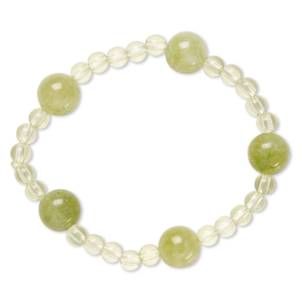 Bracelet, stretch, quartz (dyed) and acrylic, green and light green, 5mm and 12mm round, 6 inches. Sold individually. image number 0