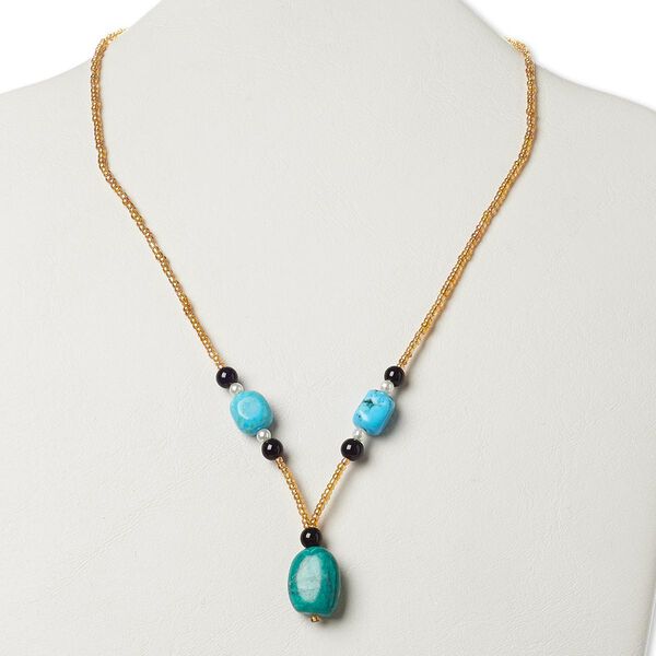 Necklace, magnesite (dyed / stabilized) / glass / silver- or antiqued gold-finished "pewter" (zinc-based alloy), multicolored, medium nugget, 17 inches with lobster claw clasp. Sold individually. image number 0