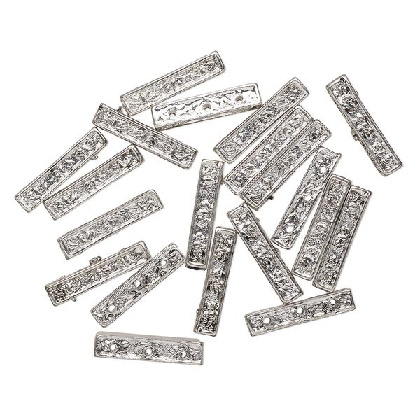 Spacer bar, 3-strand, silver-finished "pewter" (zinc-based alloy), 24x6mm double-sided textured rectangle, fits up to 6.5mm beads. Sold per pkg of 20. image number 0