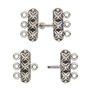Clasp hook 1pkg1 sterling silver, 18x16mm rectangle, antiqued 3-strand