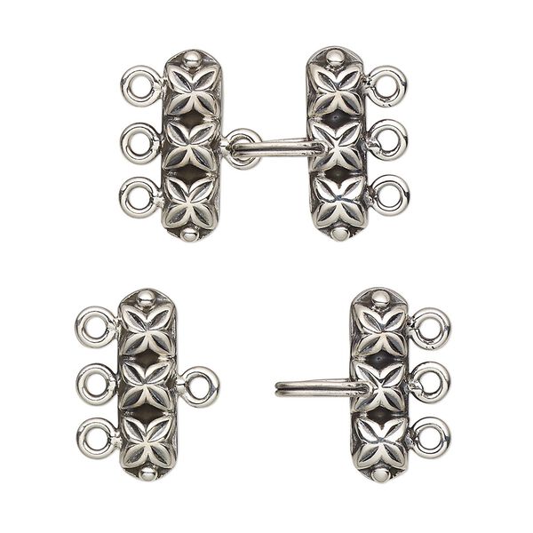 Clasp, 3-strand hook, antiqued sterling silver, 18x16mm rectangle. Sold individually. image number 0