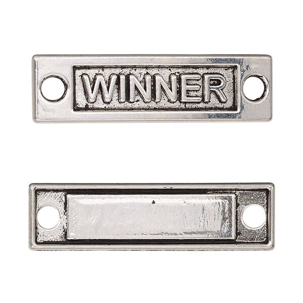 Link, antique silver-finished "pewter" (zinc-based alloy), 36x10mm single-sided curved flat rectangle with "WINNER." Sold per pkg of 2. image number 0