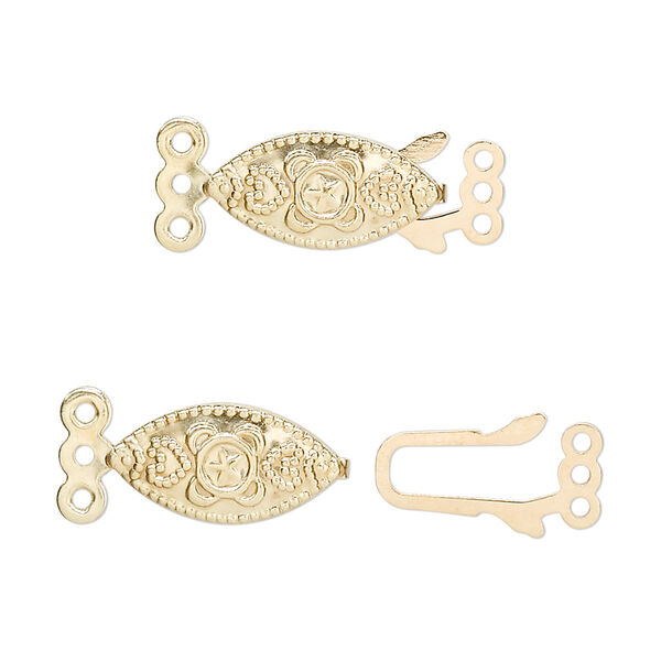 Clasp, 3-strand fishhook, gold-plated brass, 15x7mm filigree oval. Sold per pkg of 100. image number 0
