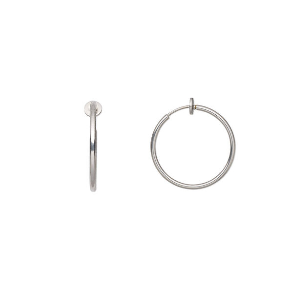 Earring, stainless steel, 25x1.5mm round hoop with pierced-look spring closure. Sold per pair. image number 0