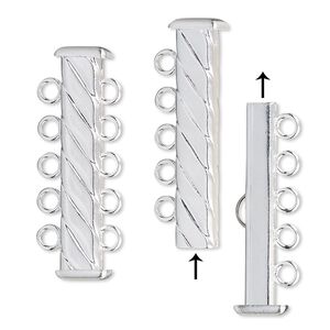 Clasp slide lock 1pkg4 silver-plated, 31x7mm corrugated rectangle tube, brass 5-strand