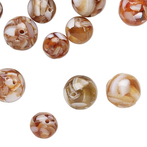 Bead 1pkg60 mother-of-pearl shell, 8-10mm round, mix assembled opaque / translucent multi-brown / white image number 0