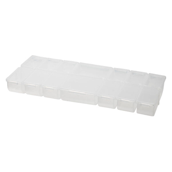 Organizer, plastic, clear, 9-1/2 x 1 x 4-1/4 inch rectangle with 14 fixed compartments with individual snap lids. Sold individually. image number 1
