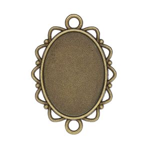 Link, glue-in, antique brass-finished "pewter" (zinc-based alloy), 28x25mm single-sided fancy oval with 25x18mm oval setting. Sold per pkg of 2.