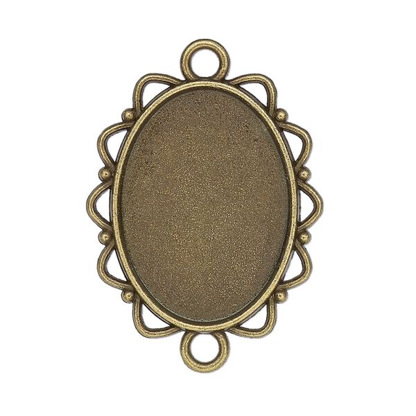Link, glue-in, antique brass-finished "pewter" (zinc-based alloy), 28x25mm single-sided fancy oval with 25x18mm oval setting. Sold per pkg of 2. image number 0