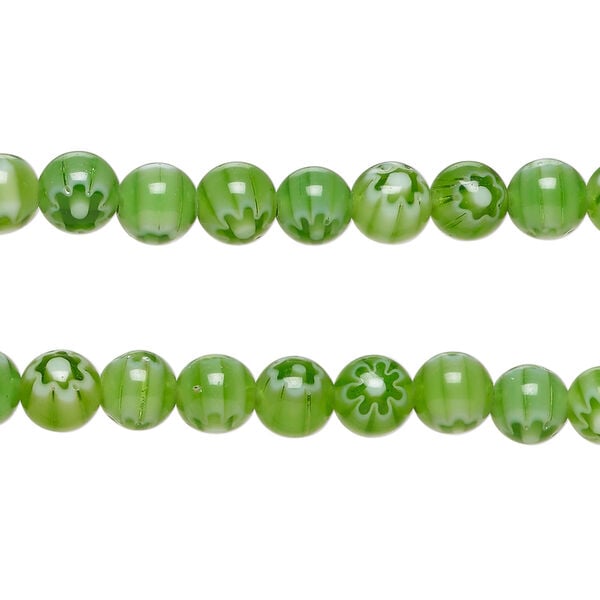 Bead, millefiori glass 1pkg1, translucent dark green and white, 6mm round, 15 inches. image number 0