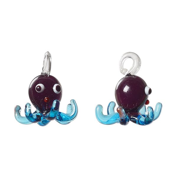 Drop, lampworked glass, multicolored, 16x12mm 3D octopus. Sold individually. image number 0