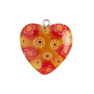 Component 1pkg1, silver-finished steel / millefiori glass, translucent white / multicolored, 24-25mm puffed heart.