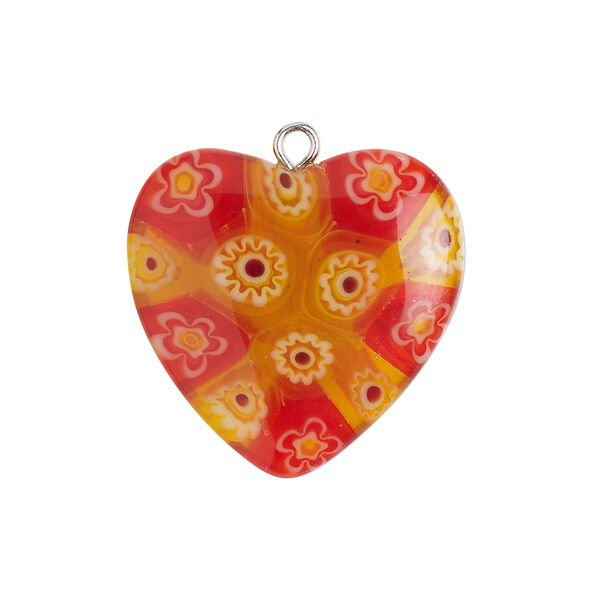 Component 1pkg1, silver-finished steel / millefiori glass, translucent white / multicolored, 24-25mm puffed heart. image number 0