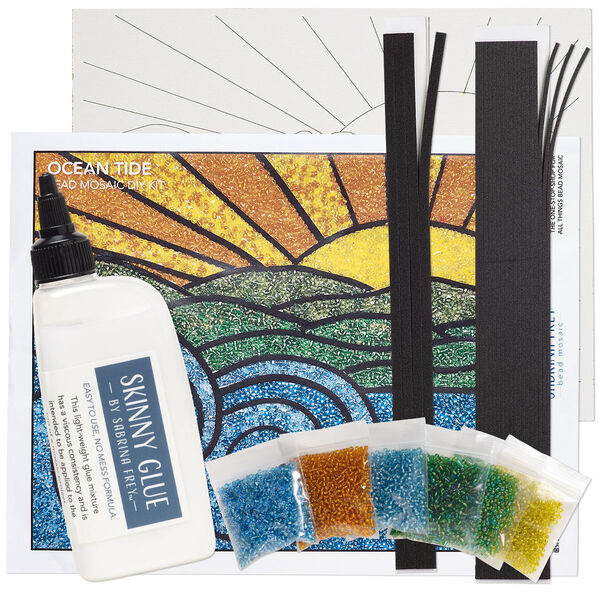 Sabrina Frey Bead Mosaic™ Starter Kit, glass / medium-density fiberboard / glue, pkg/1, multicolored, 8x10 inches with "Ocean Tide" design. image number 1