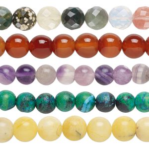 Multi-gemstone / glass 1pkg5, round bead 15 inch 10-12mm