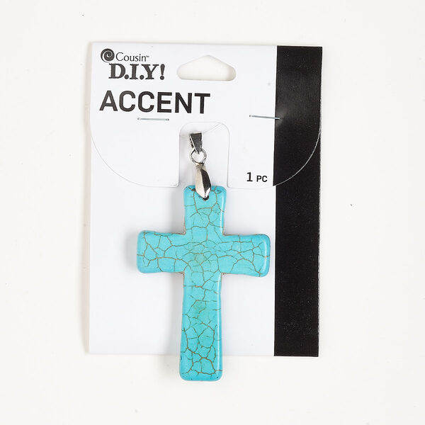 Pendant, silver-finished brass and resin, turquoise blue with matrix, 59x40mm cross. Sold individually. image number 0