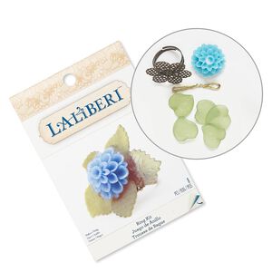 Ring kit, Laliberi™, acrylic and antiqued brass-finished steel, turquoise blue and green, flower. Sold per kit.