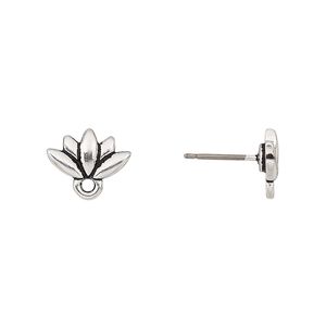 Earstud, TierraCast®, "Make a Statement" collection, antique silver-plated pewter, 11.5x7mm lotus with renewal theme and closed loop with titanium post. Sold per pkg of 5 pairs.