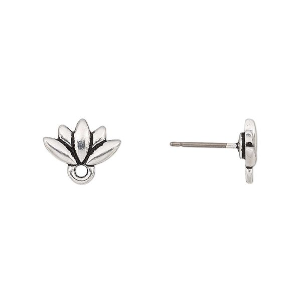 Earstud, TierraCast®, "Make a Statement" collection, antique silver-plated pewter, 11.5x7mm lotus with renewal theme and closed loop with titanium post. Sold per pkg of 5 pairs. image number 0