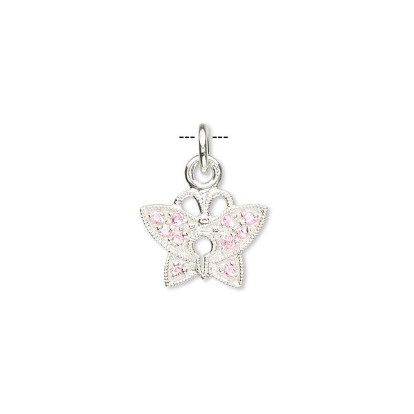 Charm, sterling silver and cubic zirconia, pink, 13x11mm butterfly. Sold individually. image number 0