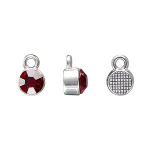Drop, silver-finished "pewter" (zinc-based alloy) and glass rhinestone, garnet red, 8mm faceted round, January birthstone. Sold per pkg of 4.