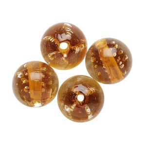 Bead, lampworked glass, translucent gold, 14mm round. Sold per pkg of 4.