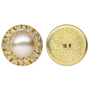 Clasp, button, gold-finished "pewter" (zinc-based alloy) / glass / acrylic pearl, cream and clear, 27mm fancy round. Sold individually.