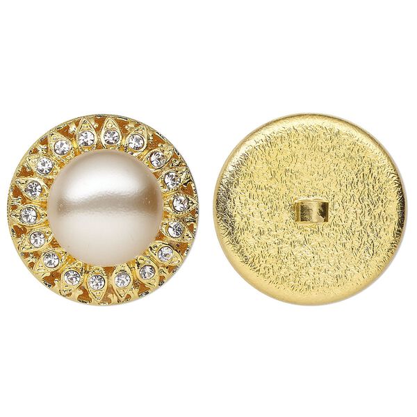 Clasp, button, gold-finished "pewter" (zinc-based alloy) / glass / acrylic pearl, cream and clear, 27mm fancy round. Sold individually. image number 0