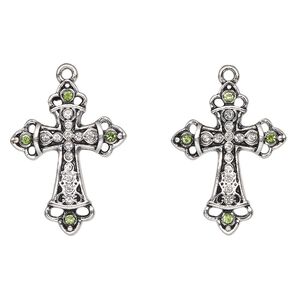 Drop, antique silver-finished "pewter" (zinc-based alloy) and glass, clear and green, 29x22mm fancy cross. Sold per pkg of 2.