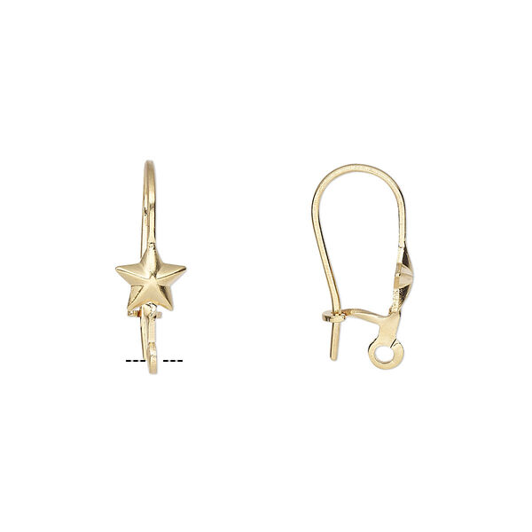 Ear wire, gold-plated brass, 17mm kidney with 6mm star and open loop, 20-21 gauge. Sold per pkg of 5 pairs. image number 0
