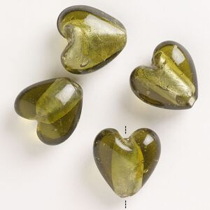 Bead, lampworked glass, pkg/4, opaque and translucent olive green with silver-colored foil, 26-28mm puffed heart.