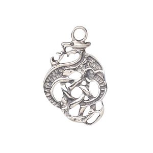 Drop, antiqued sterling silver, 25x18.5mm Celtic dragon. Sold individually.