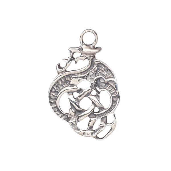 Drop, antiqued sterling silver, 25x18.5mm Celtic dragon. Sold individually. image number 0
