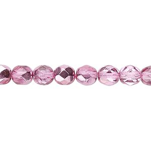 Bead, Czech fire-polished glass, opaque to transparent clear with half-coat metallic watermelon, 6mm faceted round. Sold per 15-1/2" to 16" strand.