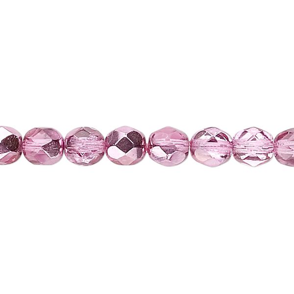 Bead, Czech fire-polished glass, opaque to transparent clear with half-coat metallic watermelon, 6mm faceted round. Sold per 15-1/2" to 16" strand. image number 0