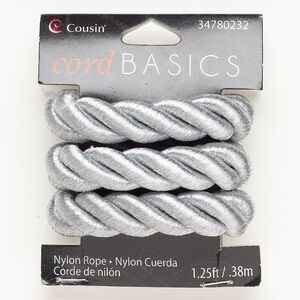 Cord 1pkg1 nylon, 12mm twisted 1.25 feet, silver