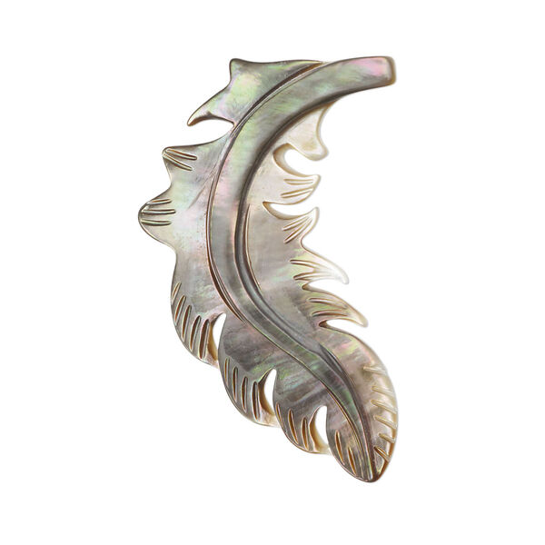 Focal, black lip shell (natural), 35x22mm side-drilled carved feather, Mohs hardness 3-1/2. Sold individually. image number 0