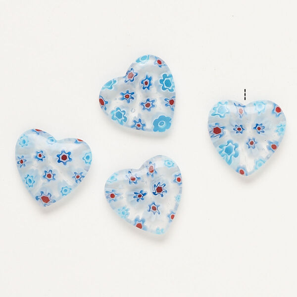 Bead, millefiori glass, translucent clear and multicolored, 19-20mm half-drilled puffed heart. Sold per pkg of 4. image number 0