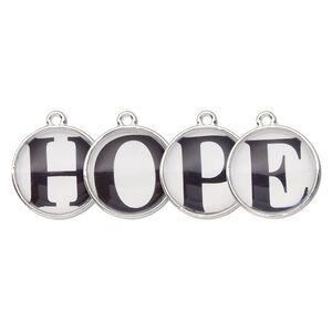 Drop, silver-finished "pewter" (zinc-based alloy) and plastic, black and white, 20mm single-sided domed flat round with "HOPE." Sold per 4-piece set.
