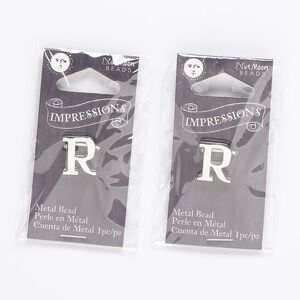 Bead, silver-finished "pewter" (zinc-based alloy), 13x11mm top-drilled alphabet letter "R" with 2mm hole. Sold per pkg of 2.